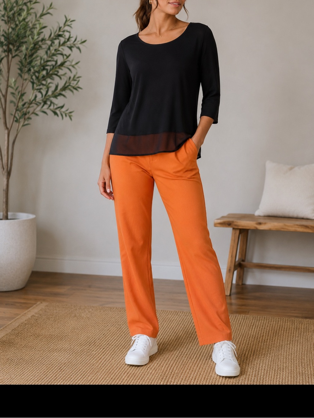 BCBGMaxAzria Black Long-Sleeve Sheer-Hem Top